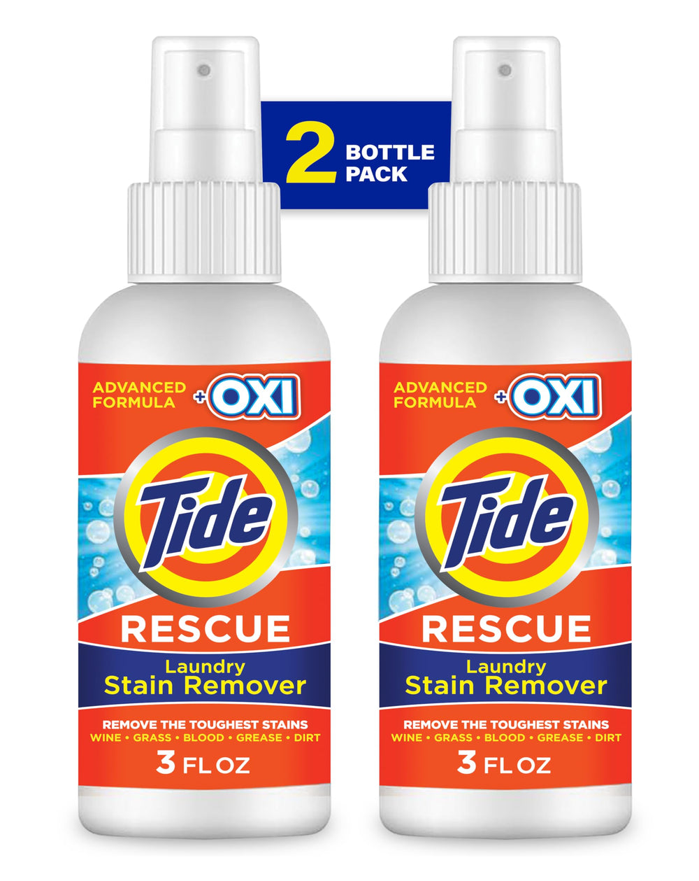Tide Rescue Spray bottle front view showing versatile stain remover for fabrics and home surfaces