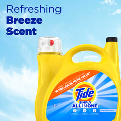 Tide Simply All-In-One label closeup highlights a clean formula for everyday use.