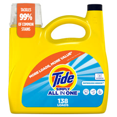 Tide Simply All-In-One liquid detergent bottle with refreshing breeze scent for smooth, clean laundry.