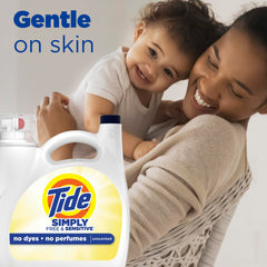 Tide Simply Free & Sensitive label close-up shows no dyes or perfumes.