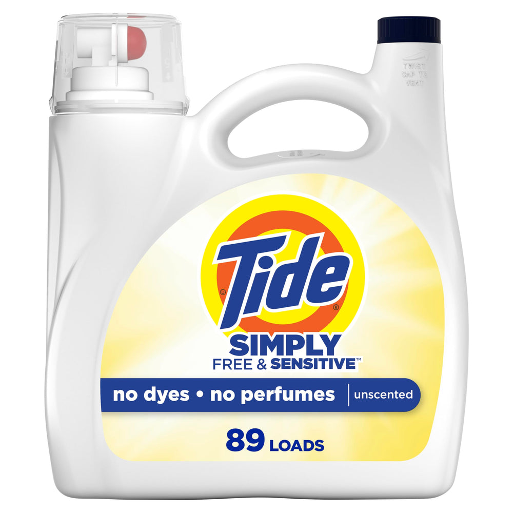 Tide Simply Free & Sensitive bottle front highlights skin-friendly formula.