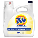 Tide Simply Free & Sensitive bottle front highlights skin-friendly formula.