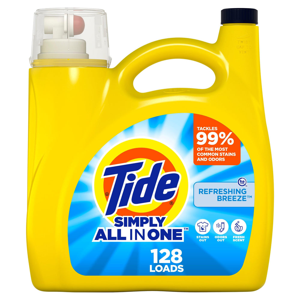 Tide Simply Refreshing Breeze bottle pouring for a stain-fighting wash