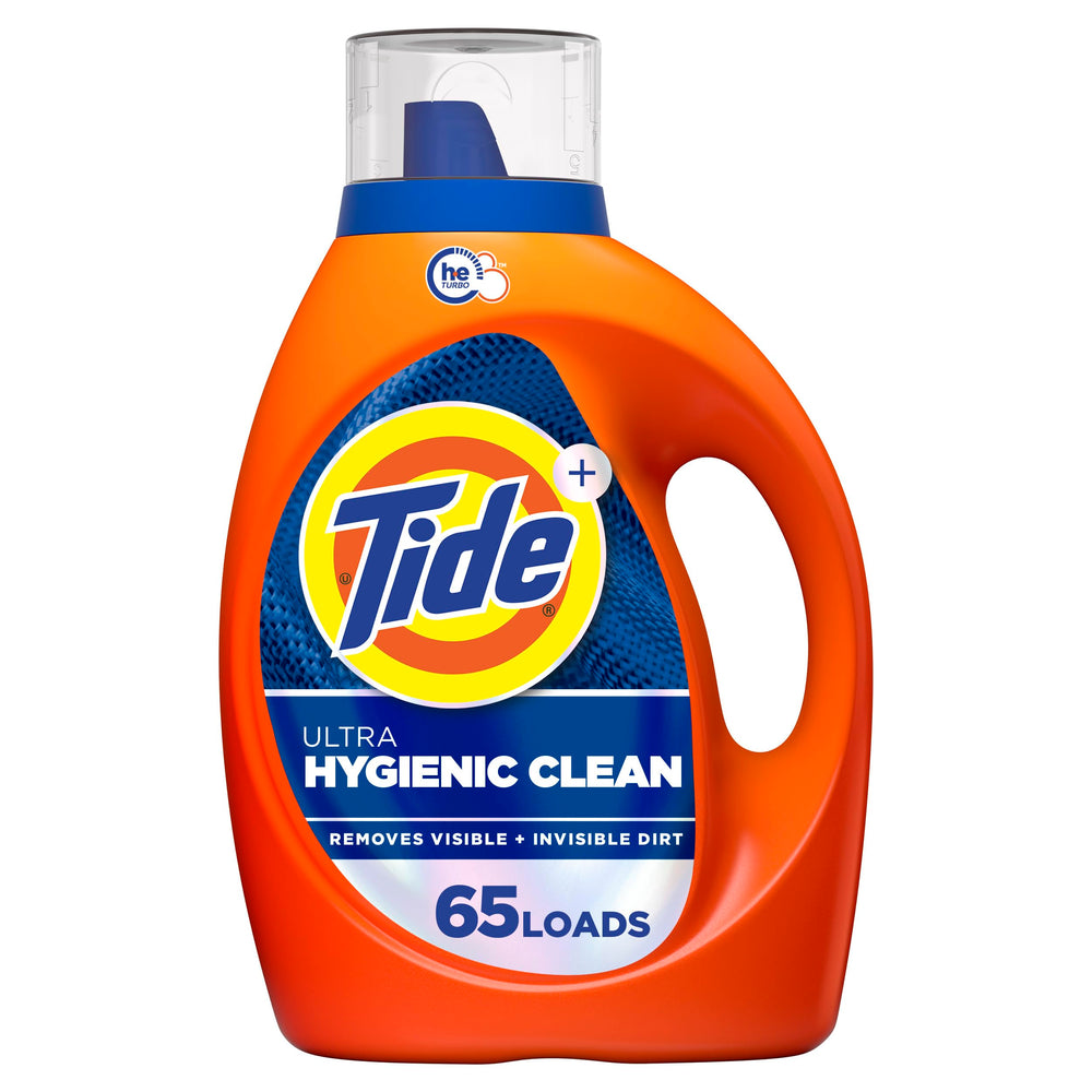 Tide Ultra Hygienic Clean bottle pour demonstrates deep cleaning for visible and invisible dirt