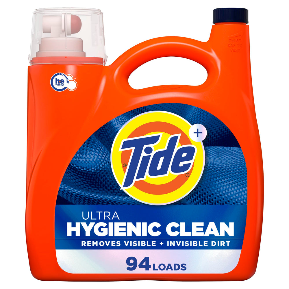 Tide Ultra Hygienic Clean bottle being poured for deep cleaning results.