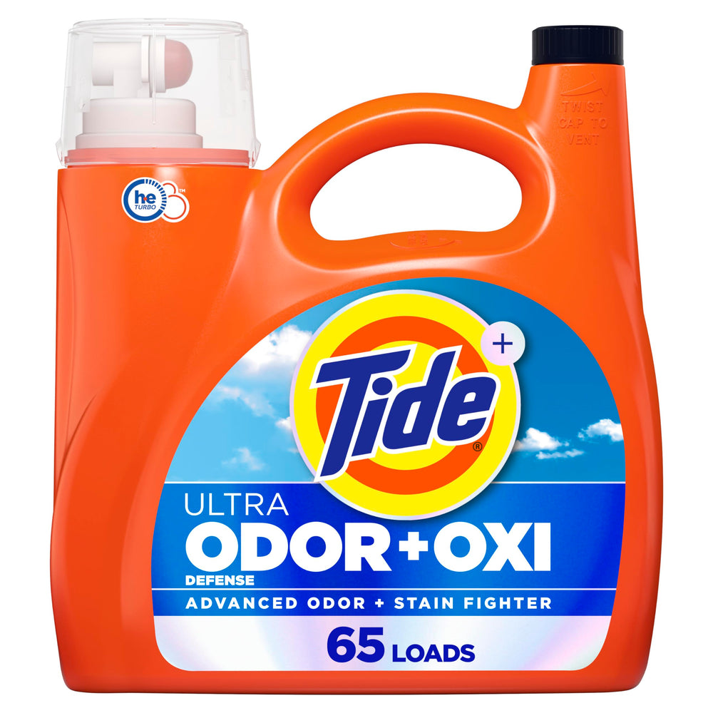Tide Ultra Odor Defense Plus Oxi bottle demonstrates strong odor and stain fighting.