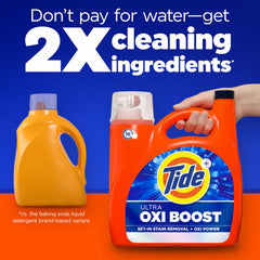 Tide Ultra Oxi Boost label closeup highlights Oxi power and bottle size.