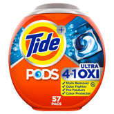 Tide Ultra Oxi PODS closeup pack showing convenient laundry pods for easy dosing.
