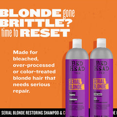 Closeup of Serial Blonde restoring conditioner bottle highlighting its shine.