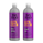 TIGI Bed Head Serial Blonde restoring shampoo bottle strengthens damaged blonde hair.