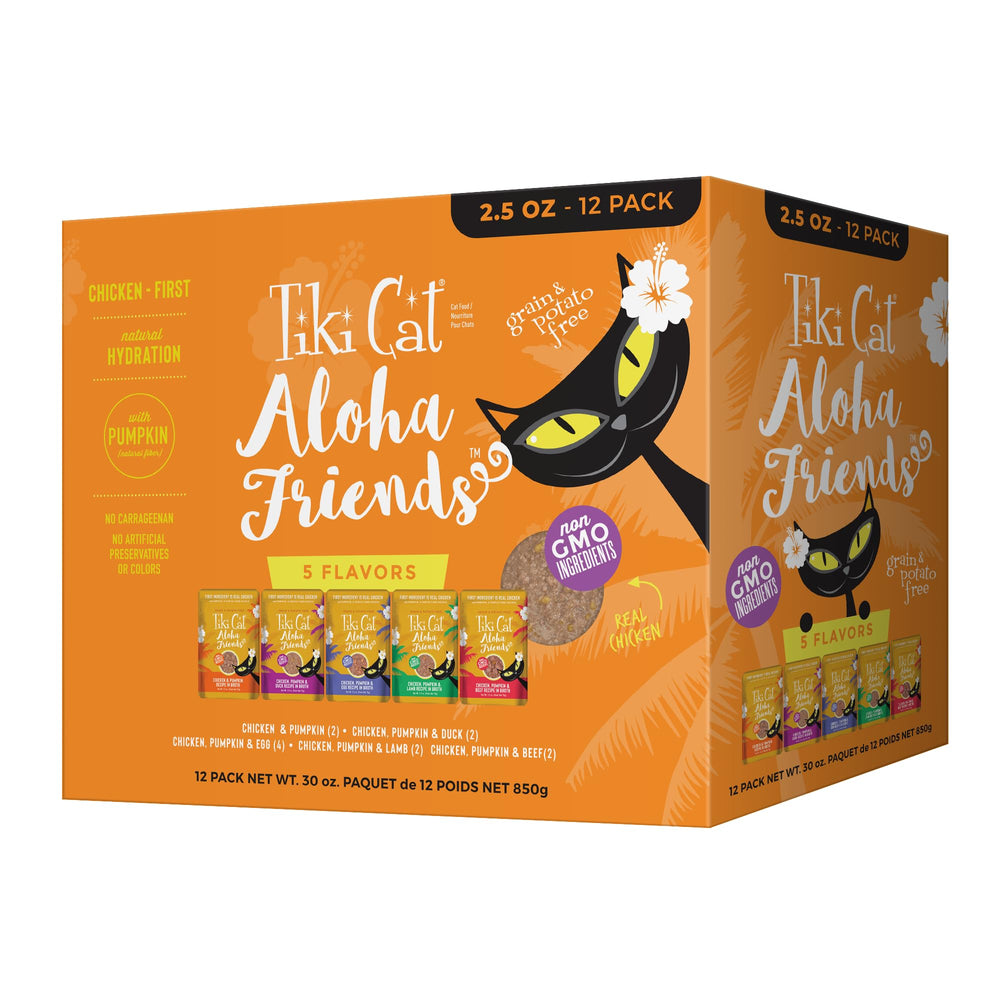 Tiki Cat Aloha Friends variety pack with 12 pouches for flavor variety at mealtime
