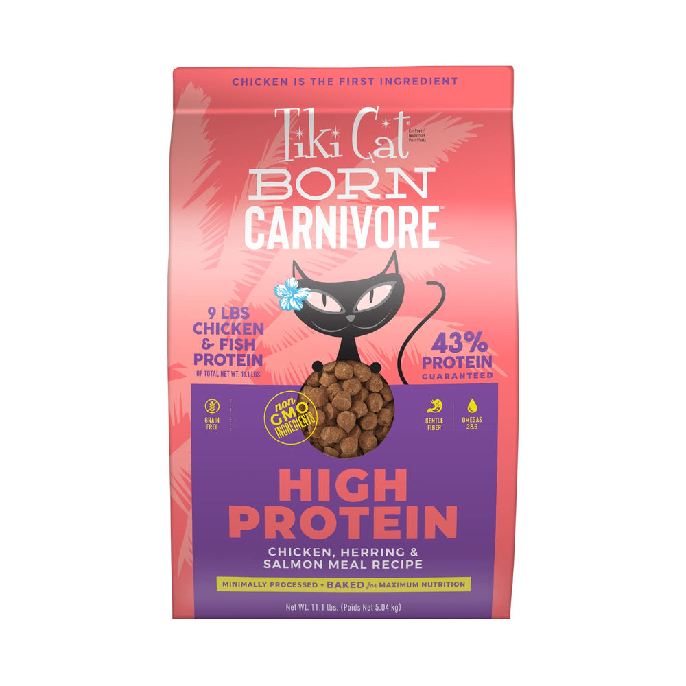 Tiki Cat Born Carnivore baked-nutrition kibble for adult cats preserves flavor and nutrients.