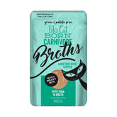 Tiki Cat Born Carnivore Broths Tuna pouch pack offers convenient single-serve hydration for cats.