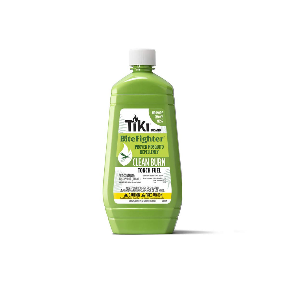 TIKI Clean Burn bottle pour shows easy pour design for quick outdoor refills.