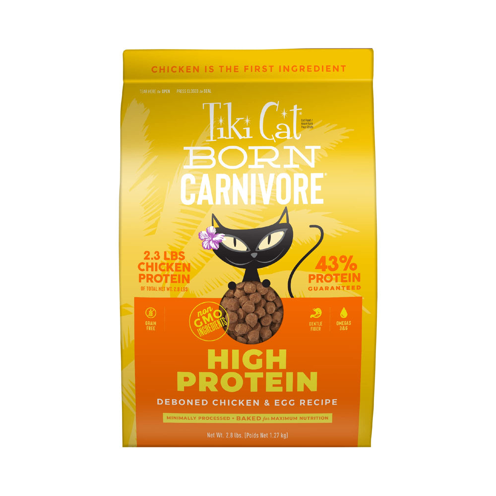 Tiki Cat Born Carnivore deboned chicken and egg kibble close-up for protein-rich meals