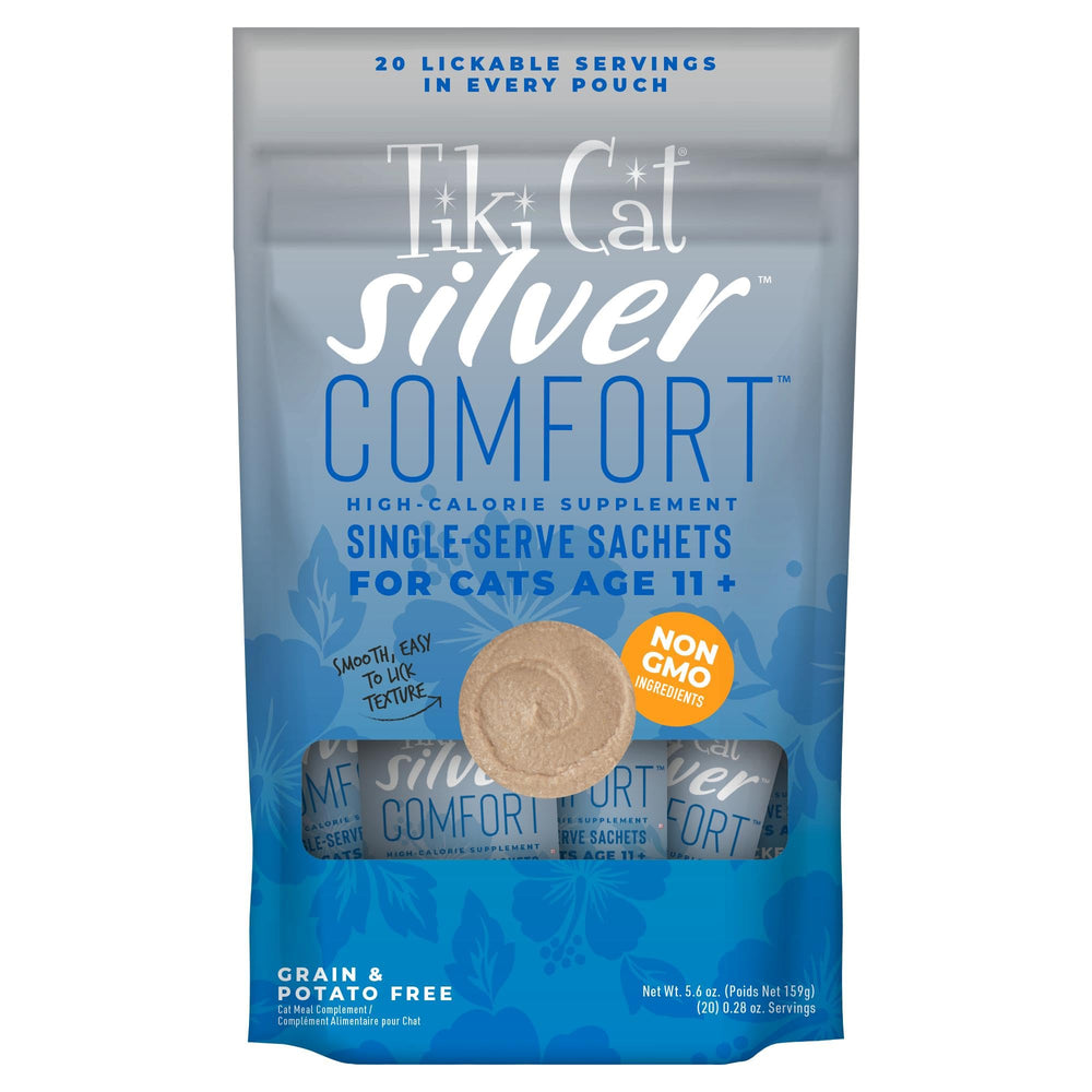 Emballage Tiki Cat Silver Comfort pour chats âgés, option nutritionnelle.