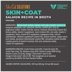 Tiki Pets Tiki Cat Solutions Mousse Salmon serving with cat enjoying meal
