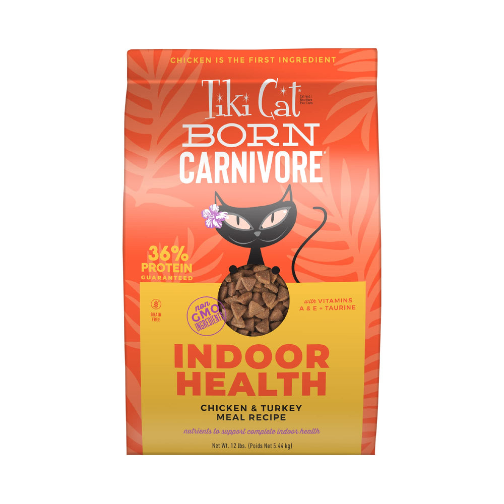 Tiki Cat Born Carnivore indoor health dry cat food bag showcasing chicken and turkey meal.