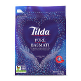 Tilda Pure Basmati Rice bag on kitchen counter with resealable packaging preserving freshness.
