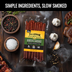 Tillamook Hunters Sausage showing 8g protein per serving in a ready-to-eat stick.