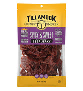 Tillamook Country Smoker beef jerky bag front shows spicy and sweet flavor promise.