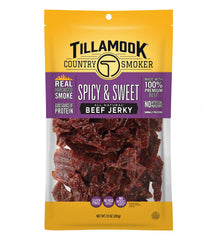 Tillamook Country Smoker beef jerky bag front shows spicy and sweet flavor promise.