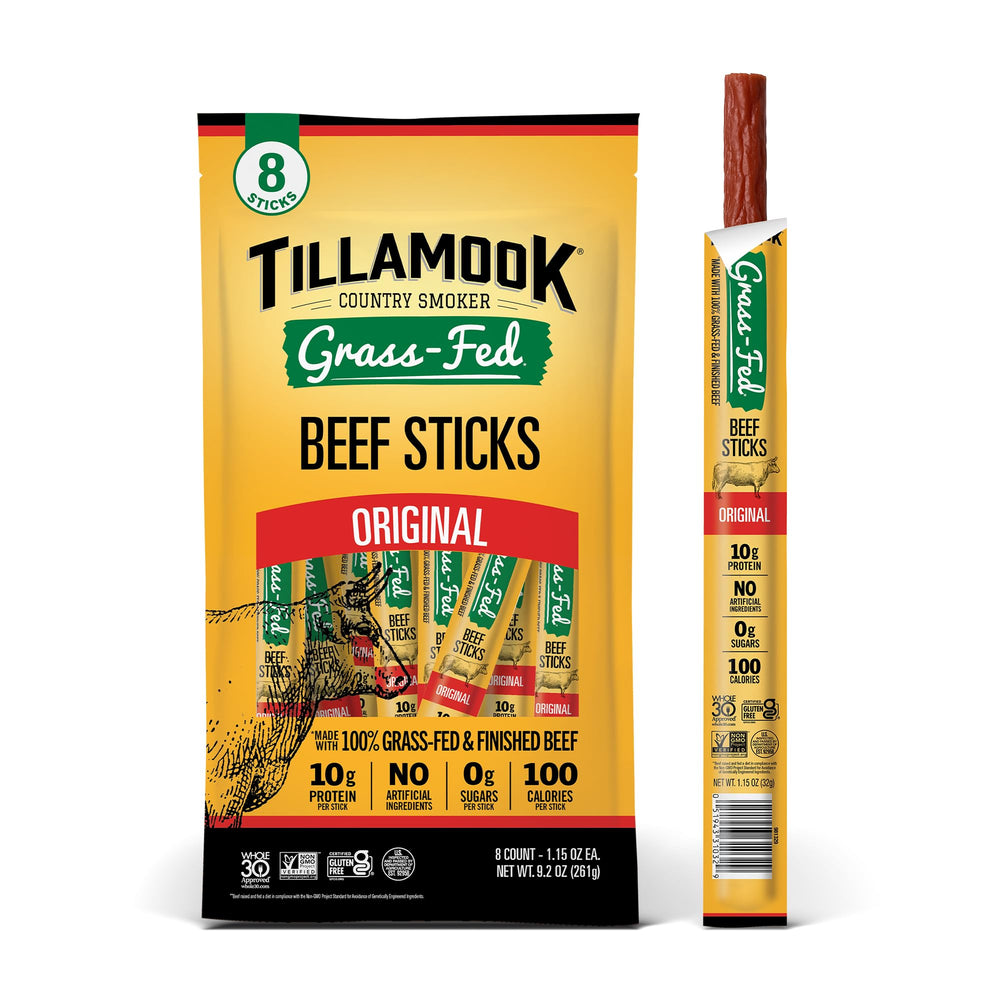 Tillamook Country Smoker beef sticks original, grass-fed, on-the-go protein snack.