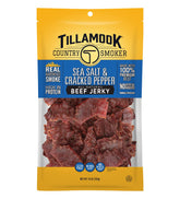 Tillamook Country Smoker sea salt cracked pepper jerky bag showcases savory flavor and protein.