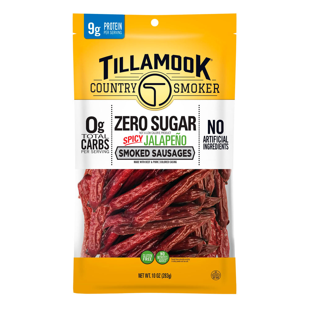 Tillamook Spicy Jalapeño smoked sausages 10oz pack ready for on-the-go protein