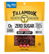 Tillamook Zero Sugar Original Jerky bottle shows portable, high-protein snack.