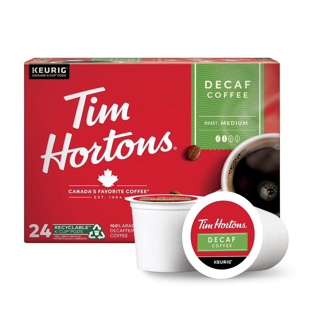 Tim Hortons decaf medium roast K-Cup pod ready for smooth coffee at home.