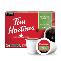 Tim Hortons decaf medium roast K-Cup pod ready for smooth coffee at home.