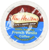 Tim Hortons French Vanilla K-Cup pod on a kitchen counter, cozy café vibes at home.