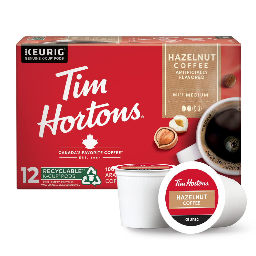 Tim Hortons hazelnut K-Cup in red packaging, ready for cozy mornings
