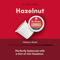 Tim Hortons hazelnut K-Cup placed in cup with steaming brew