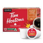 Tim Hortons maple flavored coffee pods in red packaging ready to brew.