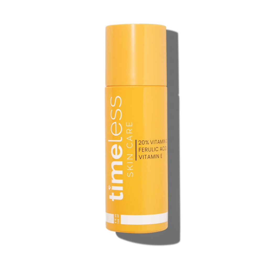 Timeless Skin Care vitamin C serum bottle showing fragrance-free formula for daily brightness
