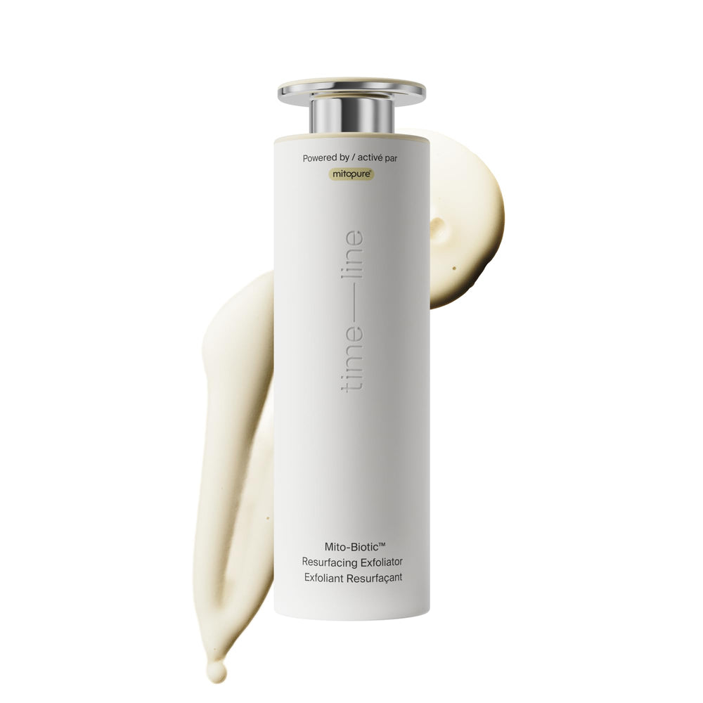 Timeline Mitopure resurfacing exfoliator bottle ready for at-home purification and texture refinement.