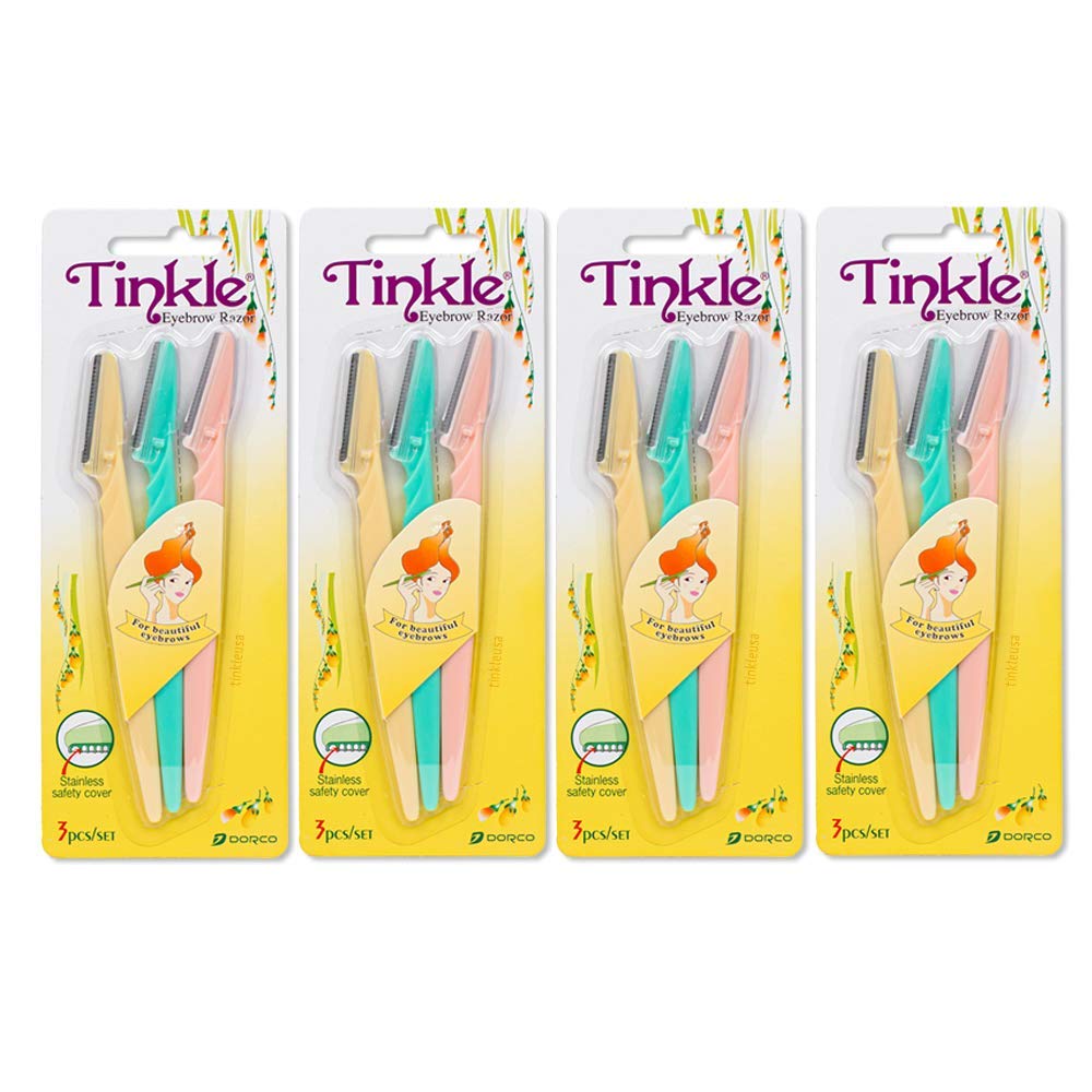 Tinkle dermaplaning tool 12ct packaging shows four packs of three blades