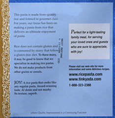 Tinkyada brown rice pasta shell ingredients—brown rice, rice bran, water.
