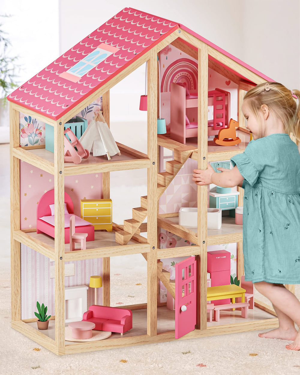 Tiny Land wooden dollhouse with 6 rooms for imaginative open-ended play.