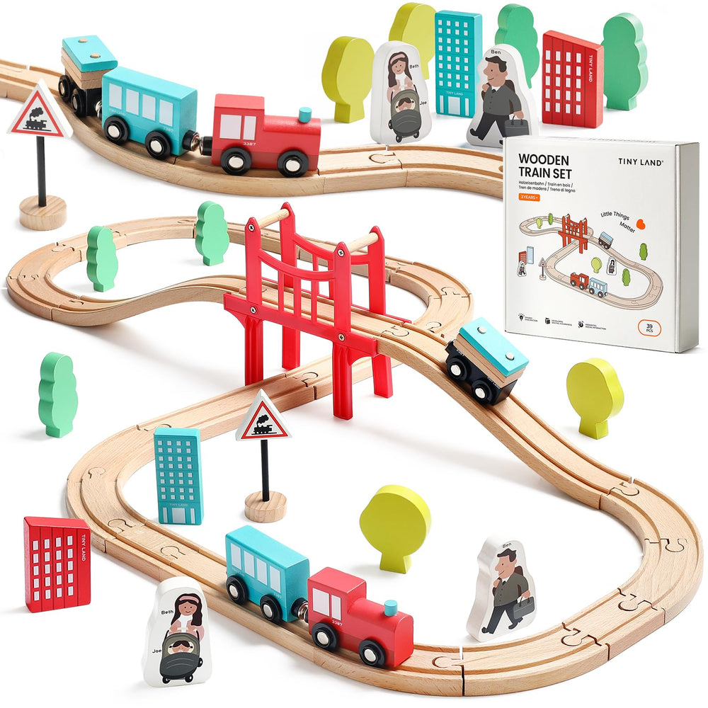Tiny Land wooden train set 39-pcs with colorful tracks enables imaginative play.
