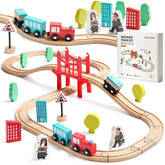 Tiny Land wooden train set 39-pcs with colorful tracks enables imaginative play.
