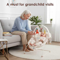 Tiny Marvels Baby Bouncer music function illustrates soothing melodies for baby moments.