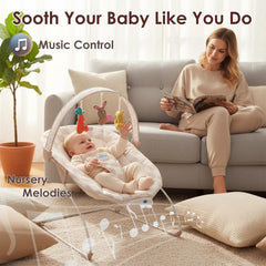 Tiny Marvels Baby Bouncer toys close-up highlights Crinkle Butterfly and Bunny Squeek Toy.