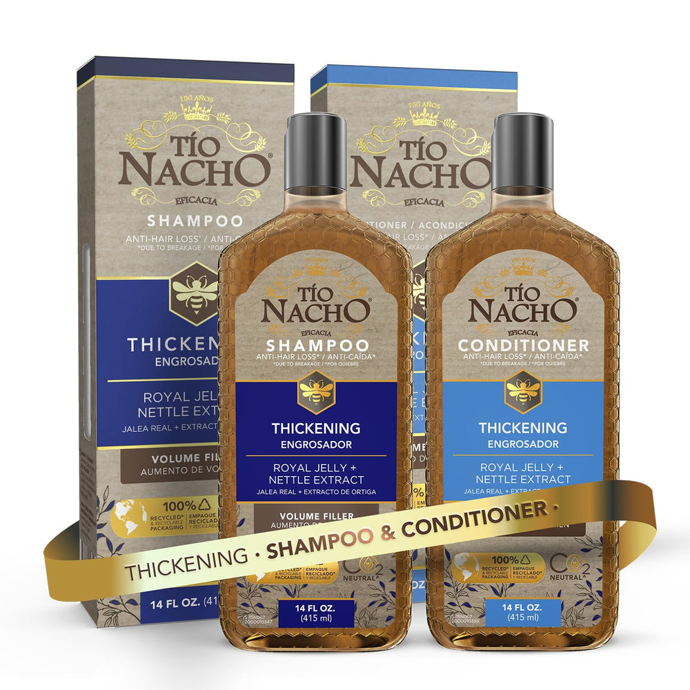 Tio Nacho thickening shampoo bottle shows a volumizing formula for thinning hair