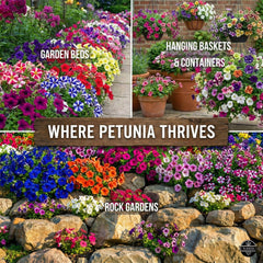 TLSSCO Petunia Seeds hanging basket display with bright cascading color.