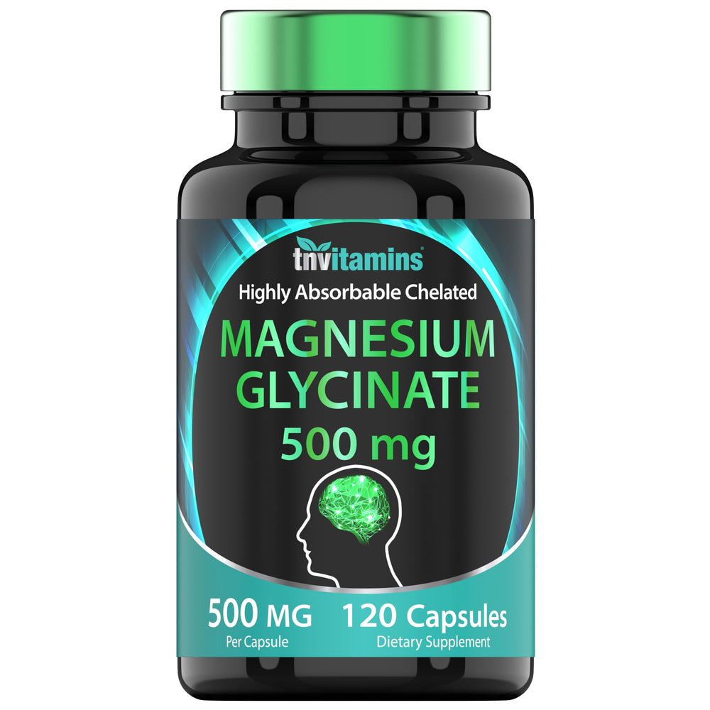 TNVitamins Magnesium Glycinate 500mg bottle front for sleep support.