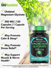 TNVitamins Magnesium Glycinate 500mg label detail shows non-GMO and USA-lab-tested quality.