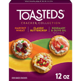 Toasteds Harvest Wheat cracker on a cheese board, ideal for pairing with fine cheeses.